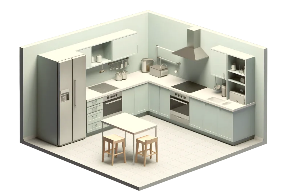 Mô hình 3D căn bếp chữ L với tủ trên, tủ dưới, tủ lạnh và bàn đảo