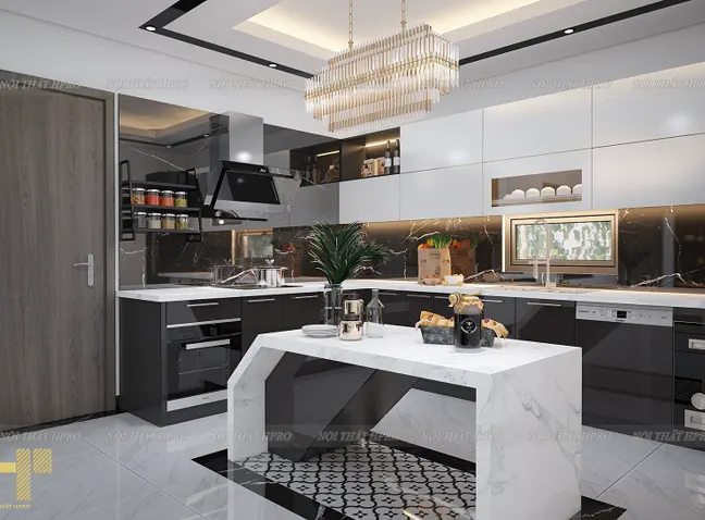 Tủ bếp Acrylic trắng xám có đảo bếp đá trắng