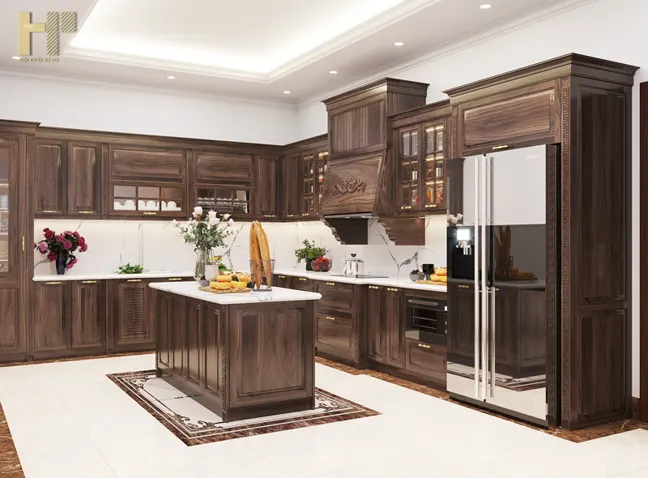 Tủ bếp gỗ tự nhiên màu óc chó có đảo bếp