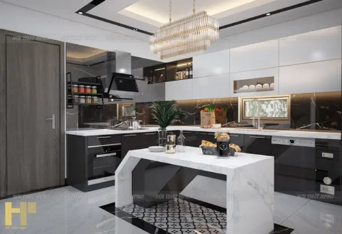 Tủ bếp Acrylic trắng xám có đảo bếp đá trắng