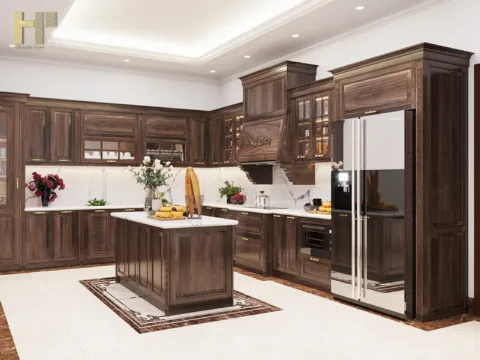 Tủ bếp gỗ tự nhiên màu óc chó có đảo bếp